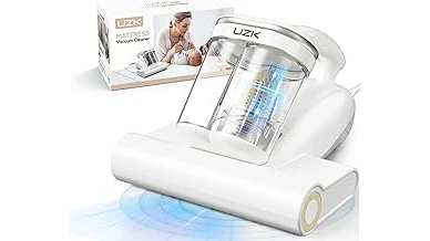 The image shows a person using a vacuum cleaner designed for mattresses to clean a bedding surface.