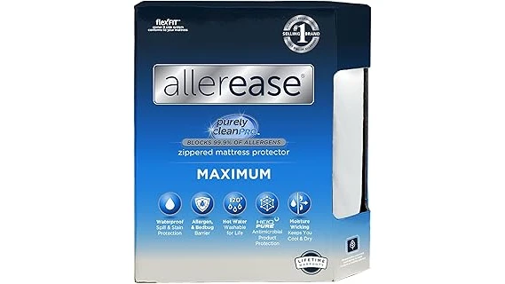 The image shows a plush, white mattress, part of a featured selection for allergy-friendly bedding.