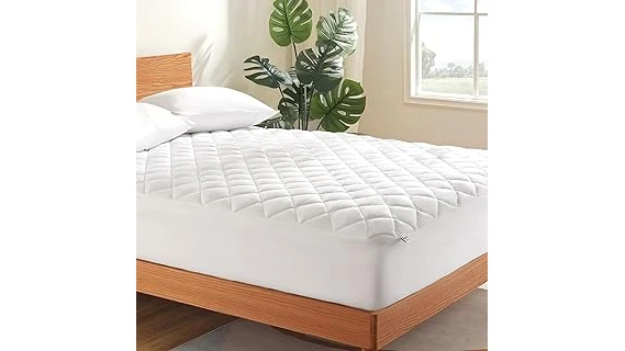 The image shows a plush queen mattress pad providing comfort and protection for a bed.