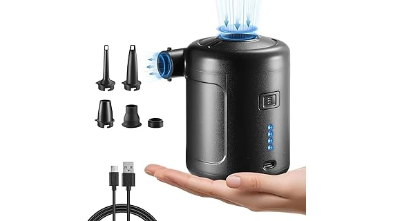 The image shows a rechargeable air mattress pump with accessories for inflating air beds.