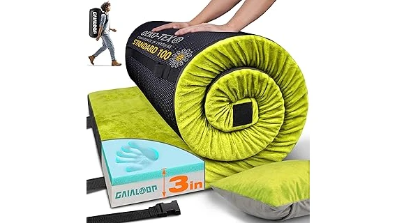 The image shows a comfortable camping mattress designed for back support on an outdoor adventure.