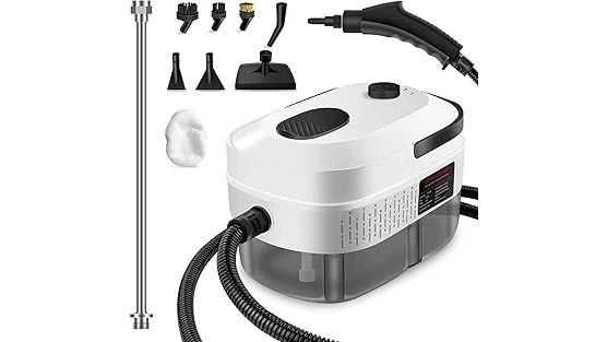 The image shows a person using a handheld steam cleaner on a mattress for deep cleaning.