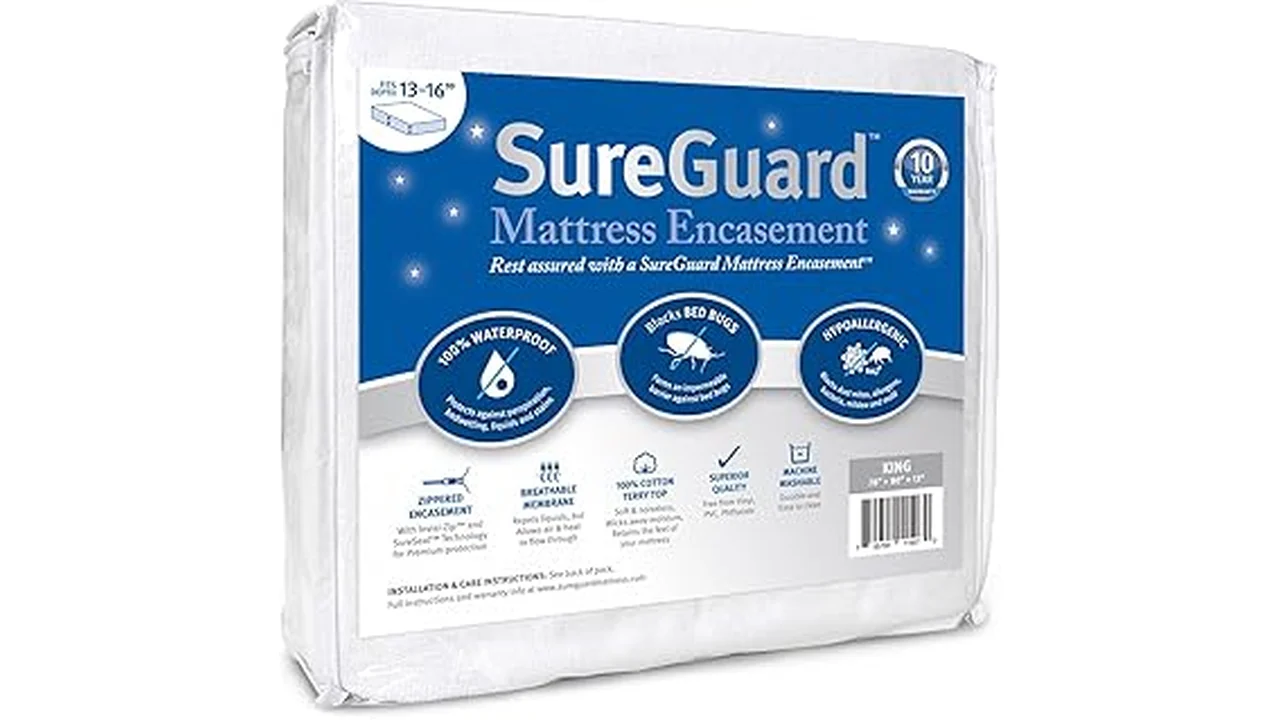 The image shows a neatly made bed with a mattress encasement, suggesting protection against dust mites.