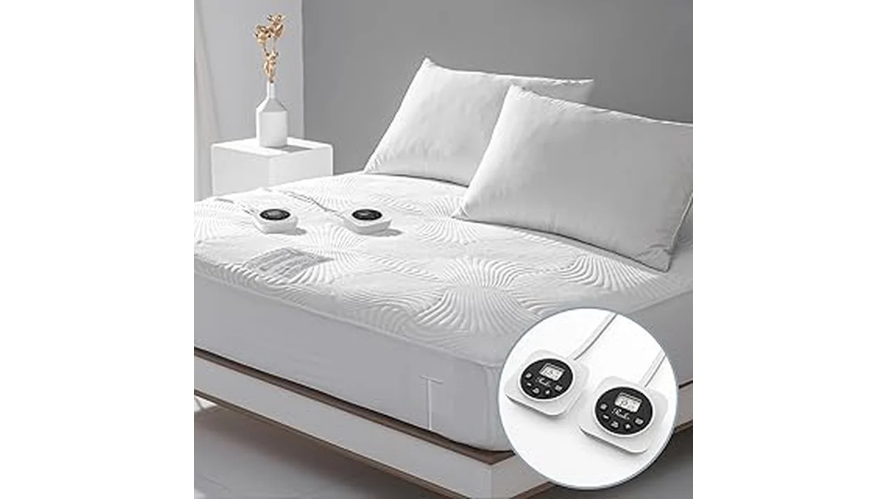 The image shows a cozy bed with a heating pad under the covers, perfect for a Best 31 Mattress Heating Pad.
