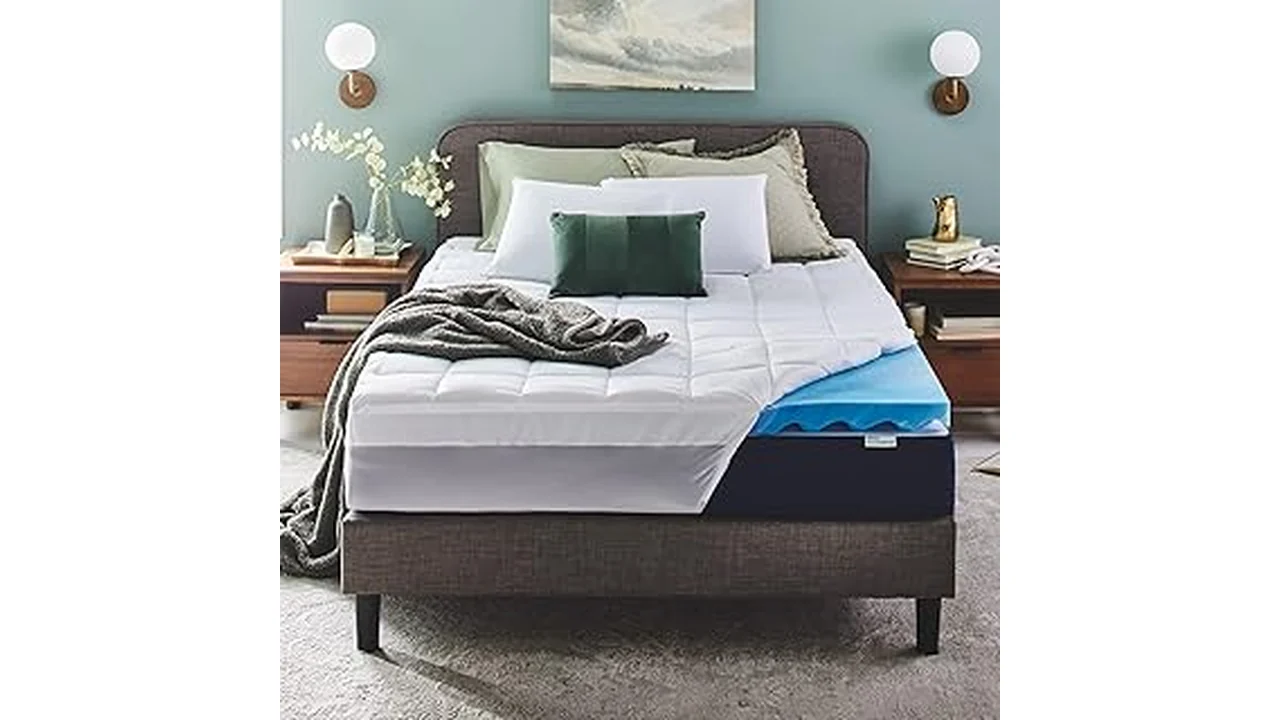 The image shows plush mattress toppers neatly stacked, highlighting top choices for comfort.