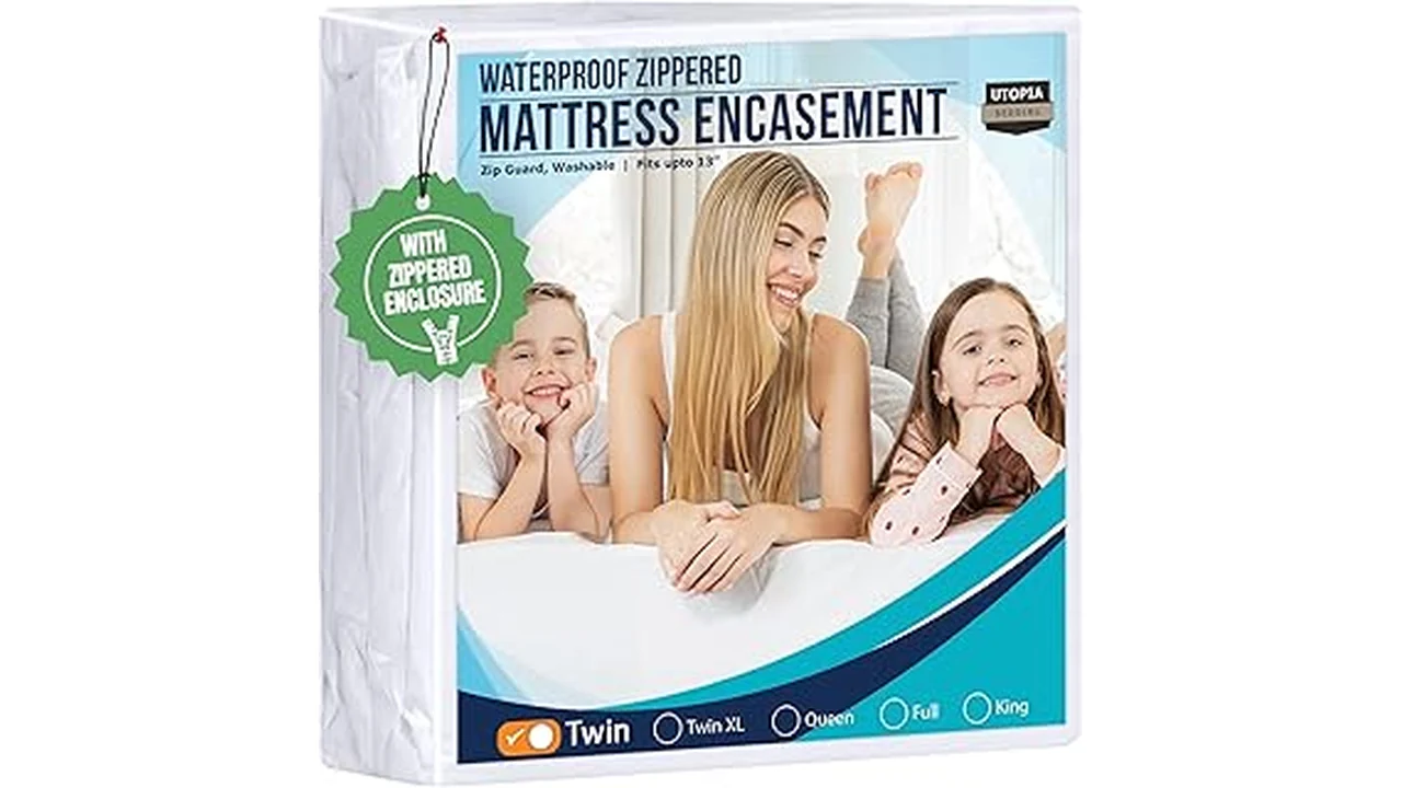 The image shows a close-up of a zippered mattress cover, highlighting its protective material and design.